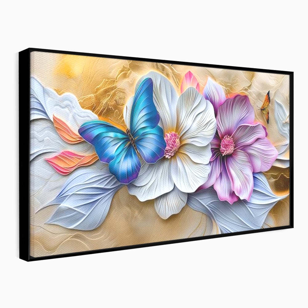 Tablou canvas cu tablou canvas cu flori si fluture, in rama de aluminiu negru
